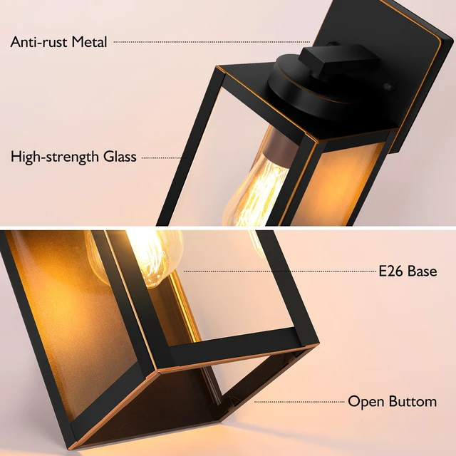 Alt view image 6 of 7 - Outdoor Wall Light, Modern Porch Sconce, Black with Gold Trim Waterproof, Rust-Resistant, Durable Metal with Clear Glass, Standard E26 Socket, Easy to Install