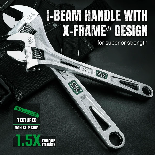 Alt view image 5 of 7 - 2-Piece Adjustable Wrench Set, 10-Inch, 12-Inch, SAE & Metric Scales X-Frame Handle, Precision Jaw, Heat Treated CR-V Steel, Chrome-Plated Rust Resistant Finish