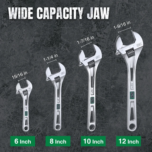 Alt view image 6 of 7 - 2-Piece Adjustable Wrench Set, 10-Inch, 12-Inch, SAE & Metric Scales X-Frame Handle, Precision Jaw, Heat Treated CR-V Steel, Chrome-Plated Rust Resistant Finish
