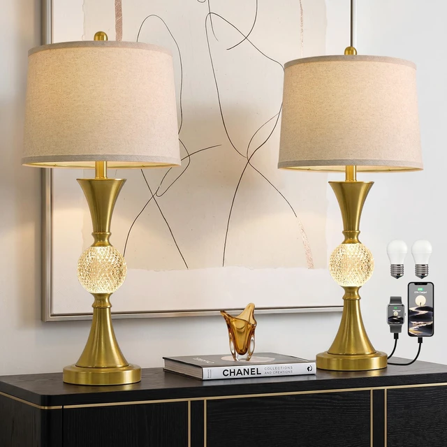Main image of 28.5" Gold Table Lamps Set of 2, Tall Luxury Bedside Lamps with Night Light, USB A+C Charging Ports, Elegant Metal Nightstand Lamps for Bedroom Office End Table Decoration