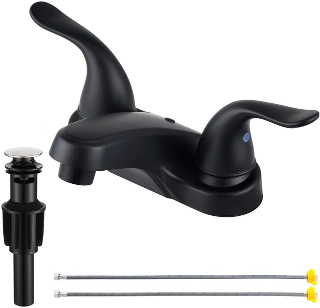 Main image of Bathroom Sink Faucets 2/3 Hole,Matte Black Dual Handles 4 inch Plastic Plating Over Bathroom Faucet with Pop-up Drain and 2 Supply Hoses for Apartment Rvs Sink Vanity