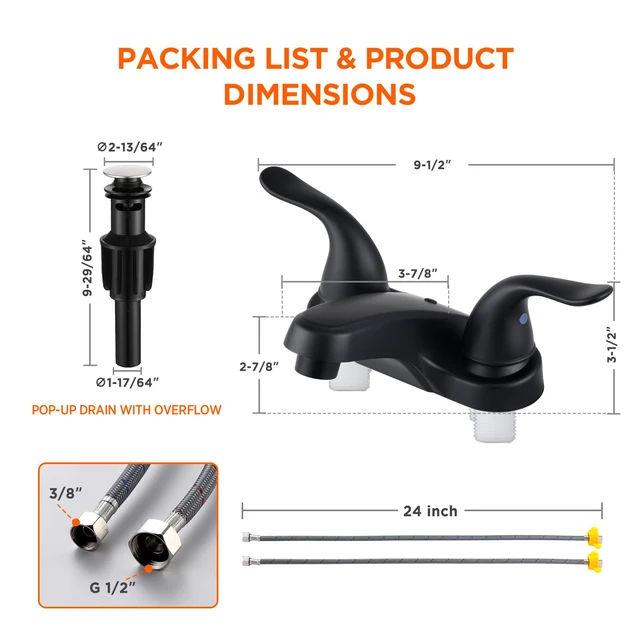Alt view image 3 of 7 - Bathroom Sink Faucets 2/3 Hole,Matte Black Dual Handles 4 inch Plastic Plating Over Bathroom Faucet with Pop-up Drain and 2 Supply Hoses for Apartment Rvs Sink Vanity