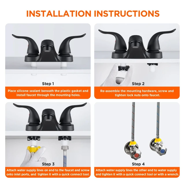Alt view image 4 of 7 - Bathroom Sink Faucets 2/3 Hole,Matte Black Dual Handles 4 inch Plastic Plating Over Bathroom Faucet with Pop-up Drain and 2 Supply Hoses for Apartment Rvs Sink Vanity