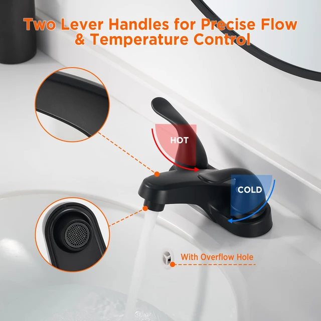 Alt view image 7 of 7 - Bathroom Sink Faucets 2/3 Hole,Matte Black Dual Handles 4 inch Plastic Plating Over Bathroom Faucet with Pop-up Drain and 2 Supply Hoses for Apartment Rvs Sink Vanity