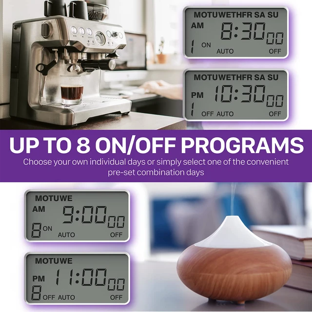 Alt view image 3 of 7 - 7 Day Digital Timers for Electrical Outlets, Indoor Plug-in Light Timers Switch Programmable, Electric Wall Plug for Lamp, Grow Reptile Lights, Aquarium, 15A/1875W, Grounded- 2 Pack