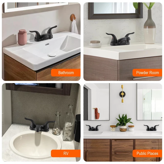 Alt view image 5 of 7 - Bathroom Sink Faucets 2/3 Hole,Matte Black Dual Handles 4 inch Plastic Plating Over Bathroom Faucet with Pop-up Drain and 2 Supply Hoses for Apartment Rvs Sink Vanity