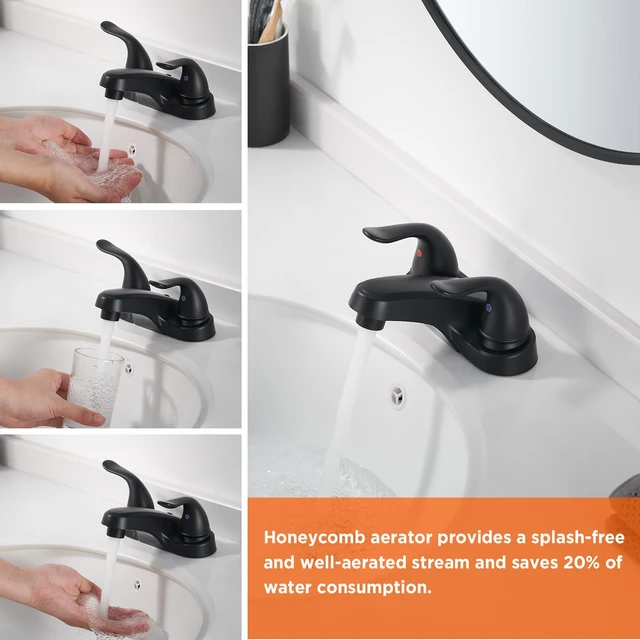 Alt view image 6 of 7 - Bathroom Sink Faucets 2/3 Hole,Matte Black Dual Handles 4 inch Plastic Plating Over Bathroom Faucet with Pop-up Drain and 2 Supply Hoses for Apartment Rvs Sink Vanity