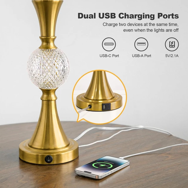 Alt view image 6 of 7 - 28.5" Gold Table Lamps Set of 2, Tall Luxury Bedside Lamps with Night Light, USB A+C Charging Ports, Elegant Metal Nightstand Lamps for Bedroom Office End Table Decoration