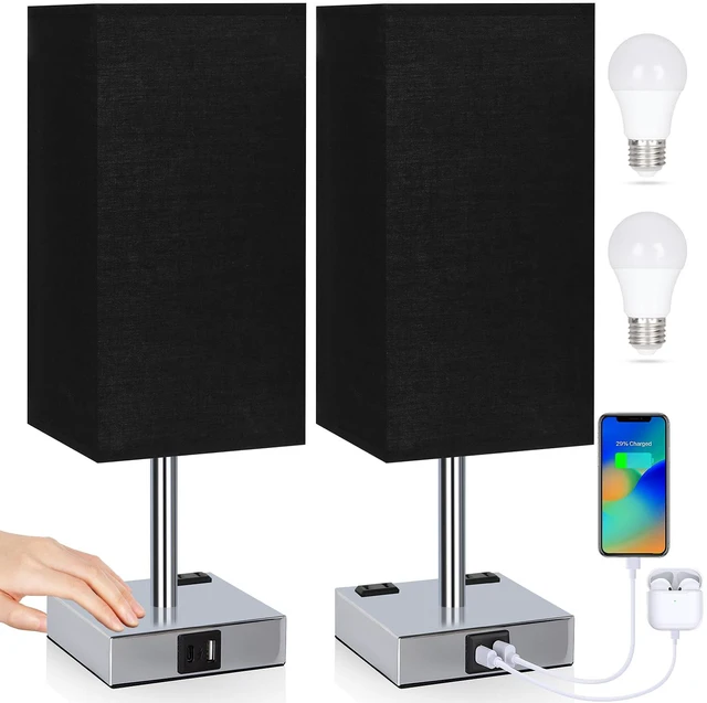 Main image of Set of 2 Bedside Table Lamp 3 Way Dimmable Nightstand Lamp with USB C & USB A Charging Port, 2 AC Outlets, 3000K LED Bulbs (Black)