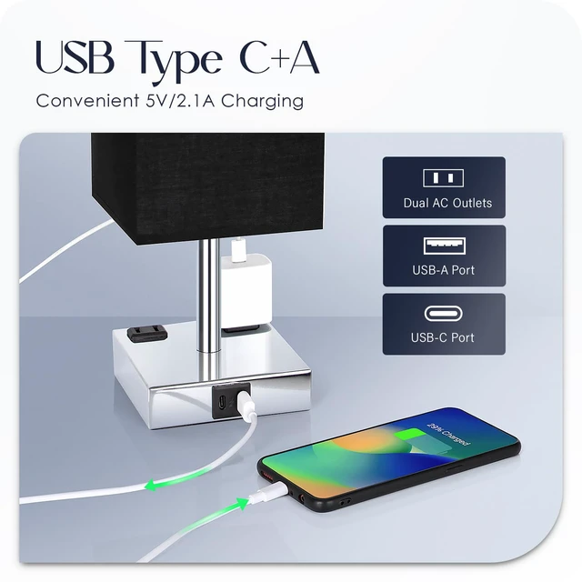 Alt view image 3 of 7 - Set of 2 Bedside Table Lamp 3 Way Dimmable Nightstand Lamp with USB C & USB A Charging Port, 2 AC Outlets, 3000K LED Bulbs (Black)