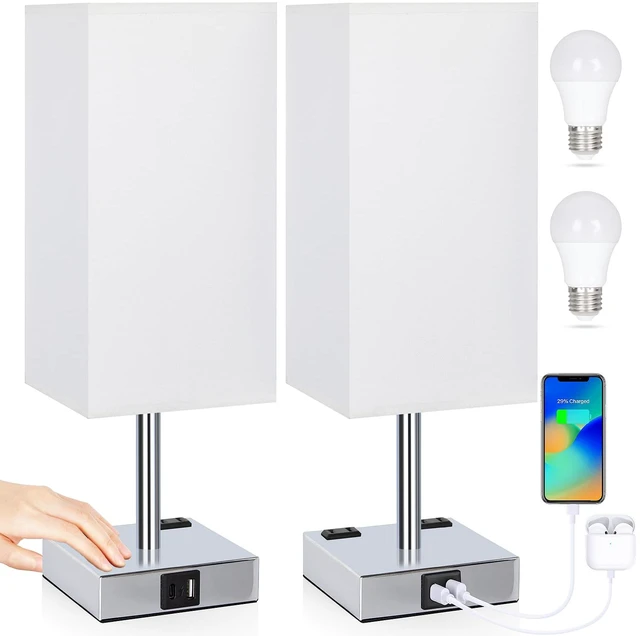 Main image of Set of 2 Bedside Table Lamp 3 Way Dimmable Nightstand Lamp with USB C & USB A Charging Port, 2 AC Outlets, 3000K LED Bulbs (White)