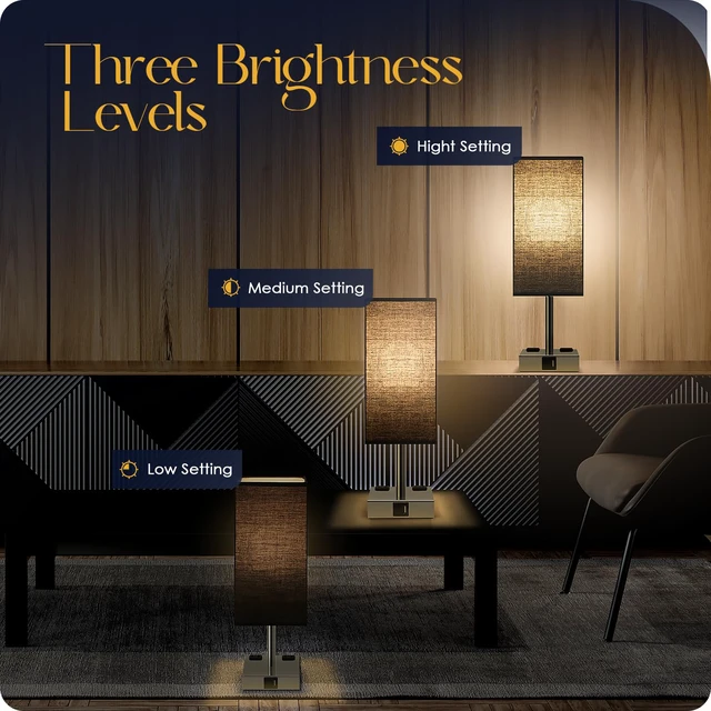 Alt view image 2 of 7 - Set of 2 Bedside Table Lamp 3 Way Dimmable Nightstand Lamp with USB C & USB A Charging Port, 2 AC Outlets, 3000K LED Bulbs (Black)