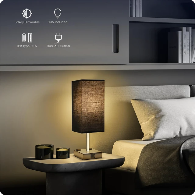 Alt view image 4 of 7 - Set of 2 Bedside Table Lamp 3 Way Dimmable Nightstand Lamp with USB C & USB A Charging Port, 2 AC Outlets, 3000K LED Bulbs (Black)