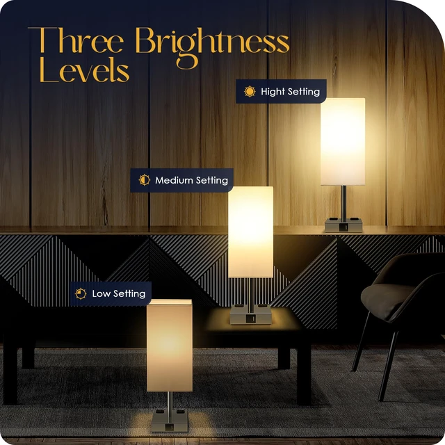 Alt view image 2 of 7 - Set of 2 Bedside Table Lamp 3 Way Dimmable Nightstand Lamp with USB C & USB A Charging Port, 2 AC Outlets, 3000K LED Bulbs (White)