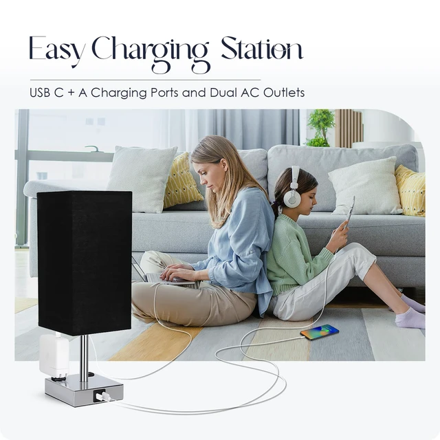 Alt view image 6 of 7 - Set of 2 Bedside Table Lamp 3 Way Dimmable Nightstand Lamp with USB C & USB A Charging Port, 2 AC Outlets, 3000K LED Bulbs (Black)