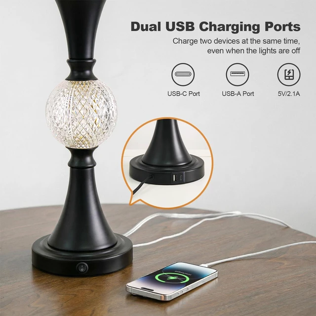 Alt view image 6 of 7 - 28.5" Black Table Lamps Set of 2, Tall Luxury Bedside Lamps with Night Light, USB A+C Charging Ports, Elegant Metal Nightstand Lamps for Bedroom Office End Table Decoration