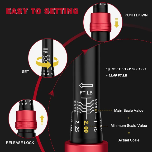 Alt view image 4 of 7 - Torque Wrench 3/8-inch Drive 5-45 Ft-Lb for Spark Plugs,±3% Accuracy Click Style, 6.8-61Nm, Dual-Direction, 72 Tooth, Aluminum Adjustable Torque Wrench for Bike, Motorcycle & Engine Repair