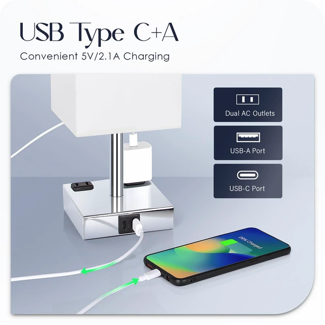 Alt view image 3 of 7 - Set of 2 Bedside Table Lamp 3 Way Dimmable Nightstand Lamp with USB C & USB A Charging Port, 2 AC Outlets, 3000K LED Bulbs (White)