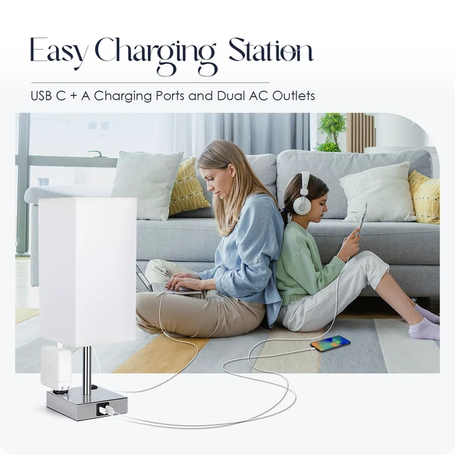 Alt view image 6 of 7 - Set of 2 Bedside Table Lamp 3 Way Dimmable Nightstand Lamp with USB C & USB A Charging Port, 2 AC Outlets, 3000K LED Bulbs (White)