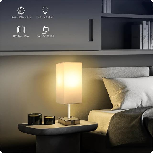 Alt view image 4 of 7 - Set of 2 Bedside Table Lamp 3 Way Dimmable Nightstand Lamp with USB C & USB A Charging Port, 2 AC Outlets, 3000K LED Bulbs (White)