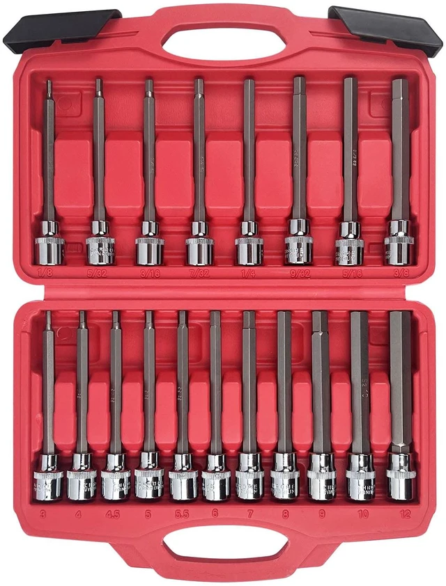 Main image of 3/8 Inch Drive Extra Long allen hex bit socket set,19-Piece Standard SAE & Metric Allen socket set, S2 Alloy steel, Automobile repair tools