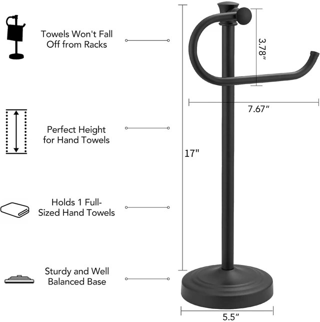 Alt view image 4 of 7 - Stand Hand Towel Holder, Countertop Towel Bar, Matte Black 17 Inch Bathroom Towel Hanger, Freestanding Vanity Counter Top Towel Holder, Towel Ring Hardware Accessories, Stainless Steel