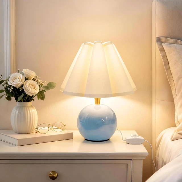 Main image of Small Bedside Table Lamp, 11.8'' Ceramic Stepless Dimmable Lamp (Blue) with scalloped fabric shade for nightstand & living room. Perfect for quiet nights to create a cozy, relaxing atmosphere