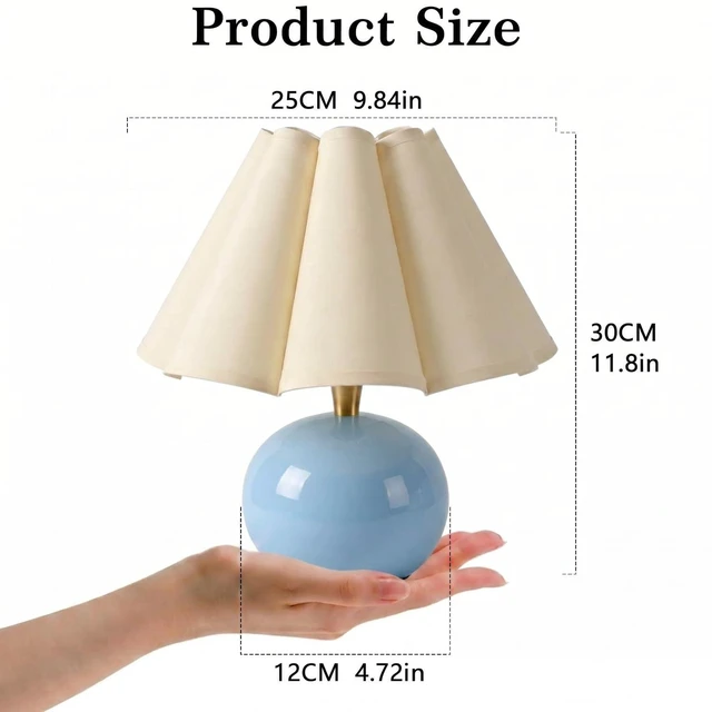 Alt view image 3 of 7 - Small Bedside Table Lamp, 11.8'' Ceramic Stepless Dimmable Lamp (Blue) with scalloped fabric shade for nightstand & living room. Perfect for quiet nights to create a cozy, relaxing atmosphere