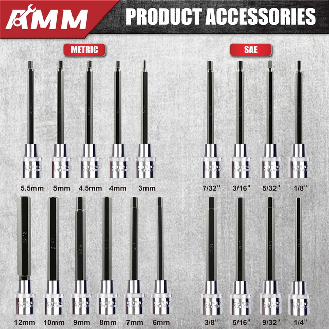 Alt view image 2 of 7 - 3/8 Inch Drive Extra Long allen hex bit socket set,19-Piece Standard SAE & Metric Allen socket set, S2 Alloy steel, Automobile repair tools