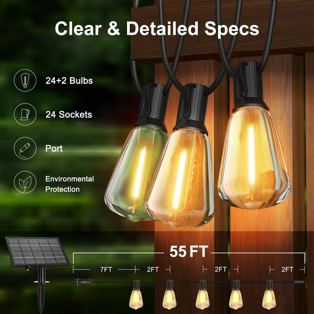 Alt view image 2 of 7 - 55FT Solar String Lights, Outdoor with Remote 24+2 ST38 LED Waterproof Remote Control Solar Lights Porch Garden Market Bistro Patio Backyard Fence