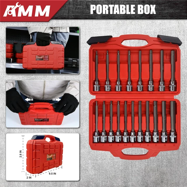 Alt view image 3 of 7 - 3/8 Inch Drive Extra Long allen hex bit socket set,19-Piece Standard SAE & Metric Allen socket set, S2 Alloy steel, Automobile repair tools