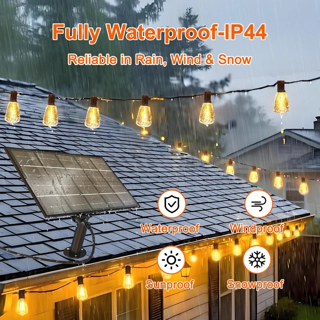 Alt view image 3 of 7 - 55FT Solar String Lights, Outdoor with Remote 24+2 ST38 LED Waterproof Remote Control Solar Lights Porch Garden Market Bistro Patio Backyard Fence