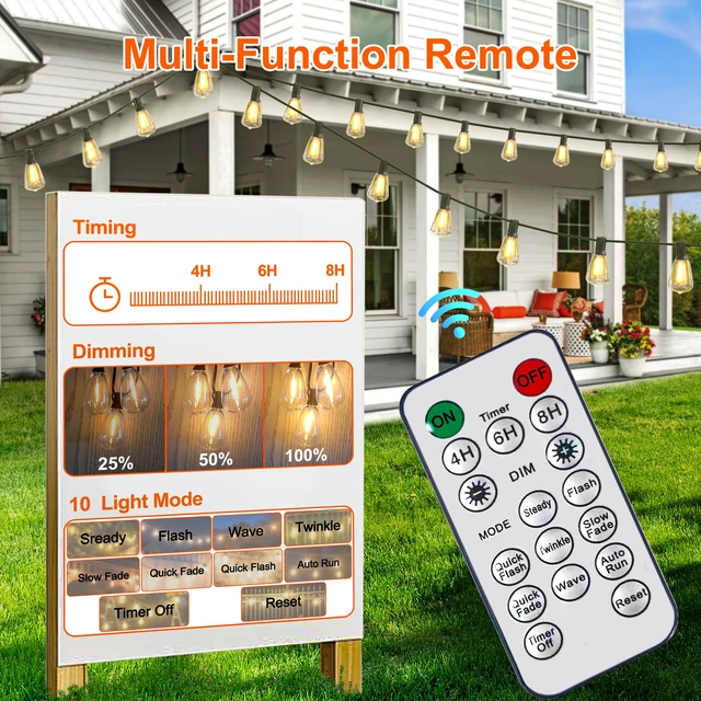Alt view image 4 of 7 - 55FT Solar String Lights, Outdoor with Remote 24+2 ST38 LED Waterproof Remote Control Solar Lights Porch Garden Market Bistro Patio Backyard Fence