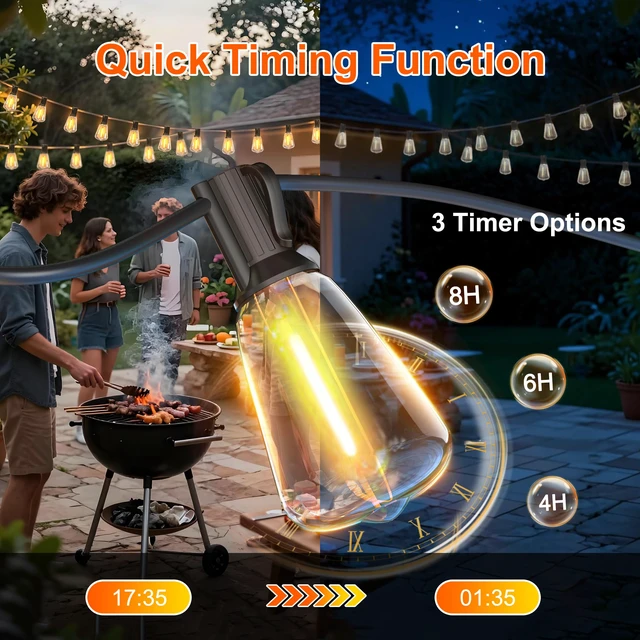 Alt view image 6 of 7 - 55FT Solar String Lights, Outdoor with Remote 24+2 ST38 LED Waterproof Remote Control Solar Lights Porch Garden Market Bistro Patio Backyard Fence