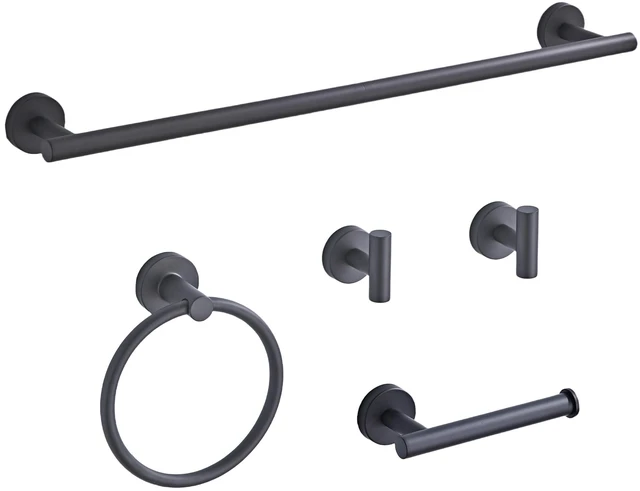 Main image of Matte Black Bathroom Hardware Set 5 Piece with Towel Racks for Bathroom, SUS304 Stainless Steel Bath Towel Bar Set, 24 Inch Wall Mounted Accessories Kit