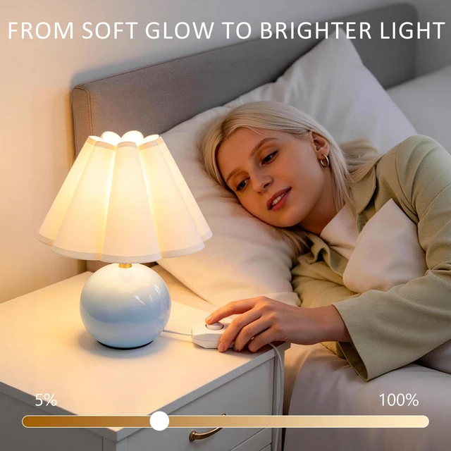 Alt view image 6 of 7 - Small Bedside Table Lamp, 11.8'' Ceramic Stepless Dimmable Lamp (Blue) with scalloped fabric shade for nightstand & living room. Perfect for quiet nights to create a cozy, relaxing atmosphere