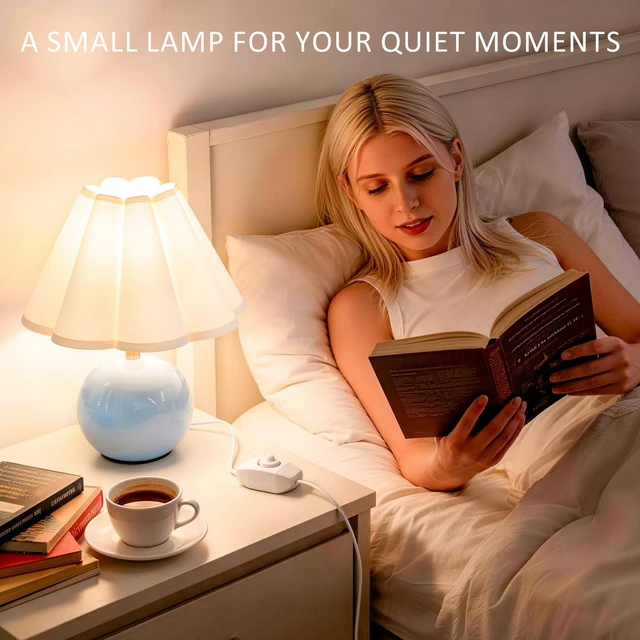 Alt view image 7 of 7 - Small Bedside Table Lamp, 11.8'' Ceramic Stepless Dimmable Lamp (Blue) with scalloped fabric shade for nightstand & living room. Perfect for quiet nights to create a cozy, relaxing atmosphere