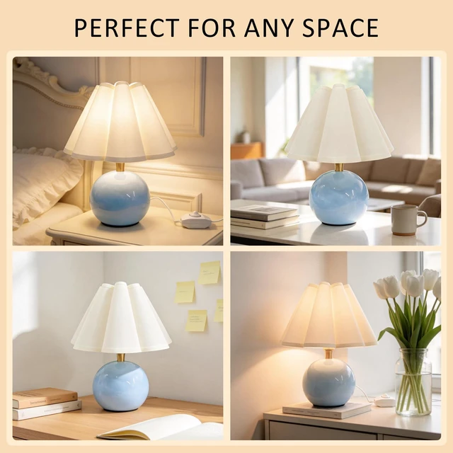 Alt view image 5 of 7 - Small Bedside Table Lamp, 11.8'' Ceramic Stepless Dimmable Lamp (Blue) with scalloped fabric shade for nightstand & living room. Perfect for quiet nights to create a cozy, relaxing atmosphere