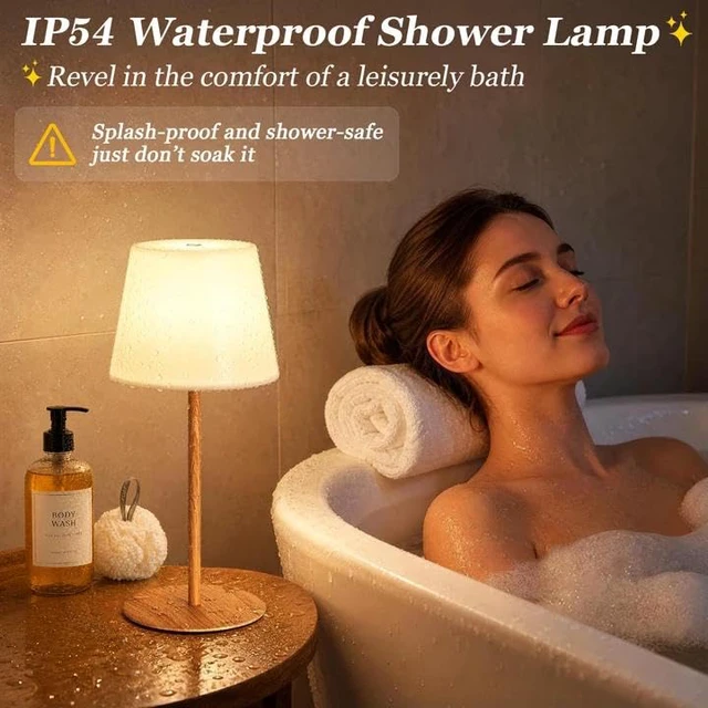 Alt view image 3 of 7 - Shower Lamp Rechargeable Waterproof Lamp, Cordless Table Lamp for Bathroom IP54 Spa-Like Shower Light, 4000mAh Battery Powered, 3 Color Modes, Stepless Dimming and Memory, for Bathtub Outdoor (2Pack)