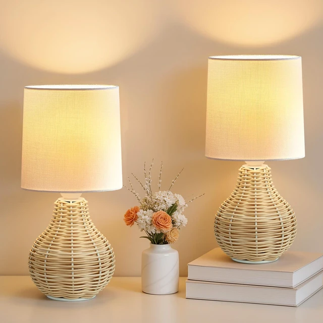 Main image of Rattan Table Lamp Boho Lamps Set of 2-12.5" Mini Farmhouse Wicker Light Rustic End Table Decorative Small Lamps for Small Spaces Bedroom Nightstand Living Room Reading Desk Side Table Lamp