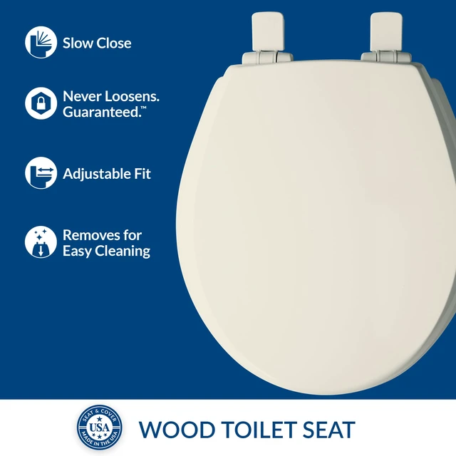 Alt view image 2 of 7 - Cassel Slow Close Toilet Seat, Easy Clean, Non Slip Premium Wood Seat, Easy Install, Made in USA, Round, Biscuit