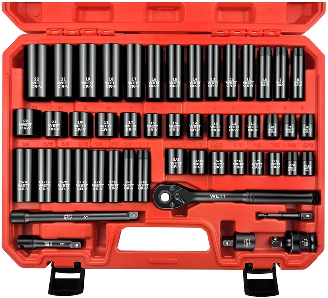 Main image of 50Pcs 3/8" Drive Impact Socket Set, SAE/Metric, Deep/Shallow Sockets, with Adjustable Ratchet Handle, Extension Bar, Universal Joint, Adapter & Reducer, Cr-V Steel,(5/16"-3/4", 8-22mm)