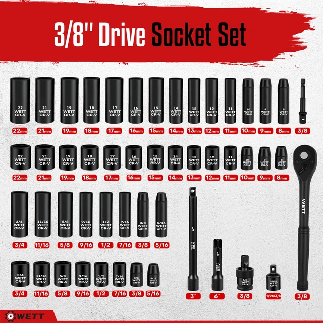 Alt view image 2 of 7 - 50Pcs 3/8" Drive Impact Socket Set, SAE/Metric, Deep/Shallow Sockets, with Adjustable Ratchet Handle, Extension Bar, Universal Joint, Adapter & Reducer, Cr-V Steel,(5/16"-3/4", 8-22mm)