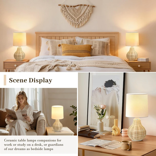 Alt view image 3 of 7 - Rattan Table Lamp Boho Lamps Set of 2-12.5" Mini Farmhouse Wicker Light Rustic End Table Decorative Small Lamps for Small Spaces Bedroom Nightstand Living Room Reading Desk Side Table Lamp