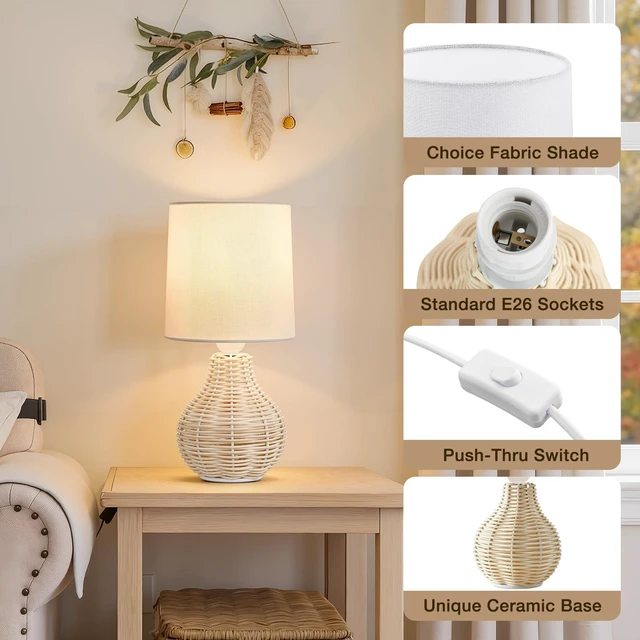 Alt view image 5 of 7 - Rattan Table Lamp Boho Lamps Set of 2-12.5" Mini Farmhouse Wicker Light Rustic End Table Decorative Small Lamps for Small Spaces Bedroom Nightstand Living Room Reading Desk Side Table Lamp