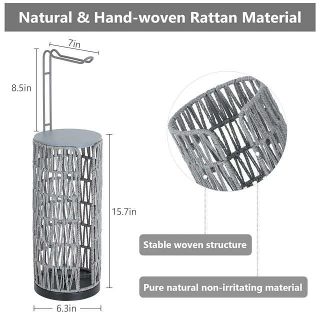 Alt view image 5 of 7 - Boho Toilet Paper Holder with Storage3 Rolls of Freestanding Toilet Paper Roll Holder Stand,Wicker Tissue Holder for Bathroom,Rattan Sturdy Bathroom Decor Farmhouse Toilet Paper Storage-Grey