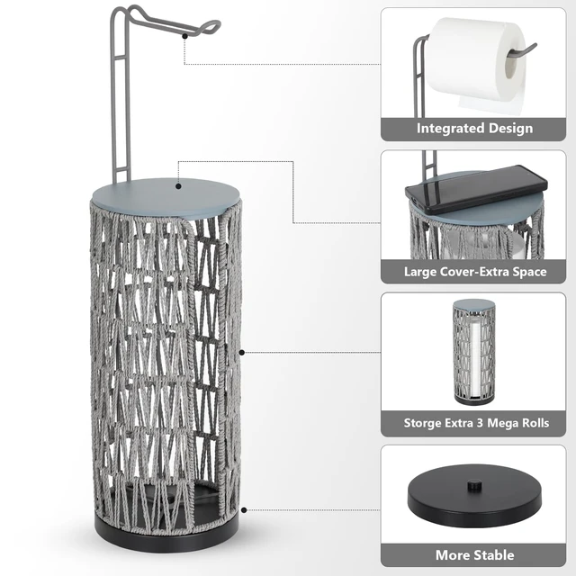 Alt view image 6 of 7 - Boho Toilet Paper Holder with Storage3 Rolls of Freestanding Toilet Paper Roll Holder Stand,Wicker Tissue Holder for Bathroom,Rattan Sturdy Bathroom Decor Farmhouse Toilet Paper Storage-Grey
