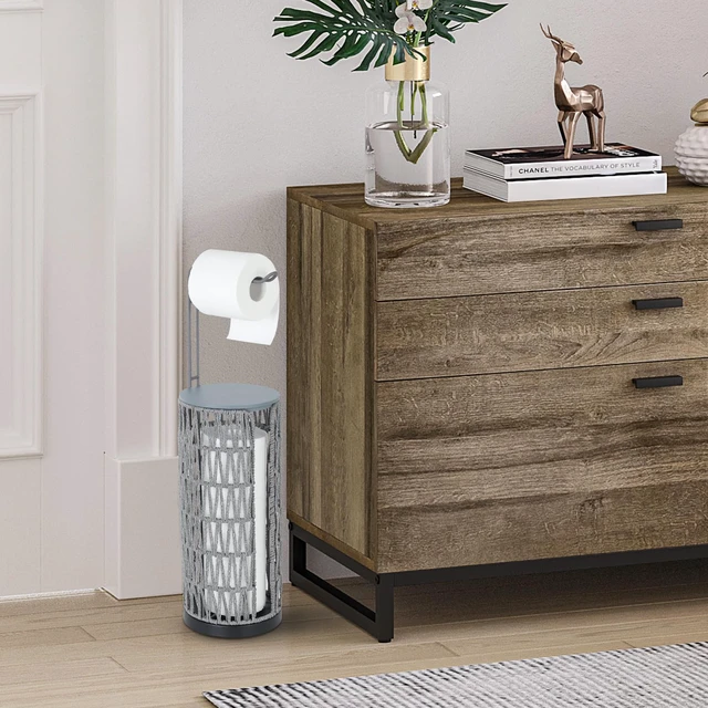 Alt view image 7 of 7 - Boho Toilet Paper Holder with Storage3 Rolls of Freestanding Toilet Paper Roll Holder Stand,Wicker Tissue Holder for Bathroom,Rattan Sturdy Bathroom Decor Farmhouse Toilet Paper Storage-Grey