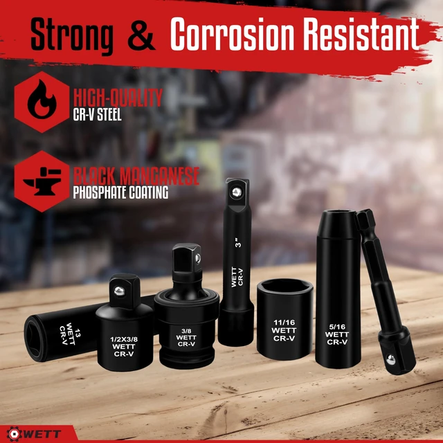 Alt view image 5 of 7 - 50Pcs 3/8" Drive Impact Socket Set, SAE/Metric, Deep/Shallow Sockets, with Adjustable Ratchet Handle, Extension Bar, Universal Joint, Adapter & Reducer, Cr-V Steel,(5/16"-3/4", 8-22mm)