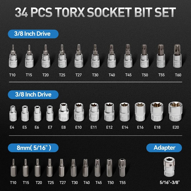 Alt view image 2 of 7 - 34-Piece 3/8'' Drive Torx Star Bit sockets CR-V E-Socket Set, E4-20, T10-60, Tamper Proof Set TT10-TT55, 5/16"F to 3/8"M adapter with Storage Case